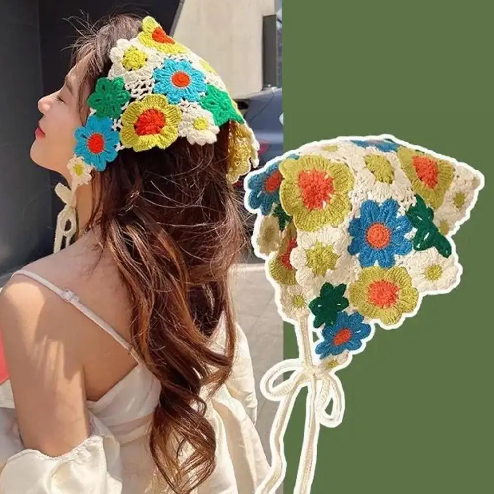 Diadema triangular hueca de ganchillo hecha a mano para mujer, toalla de viaje de primavera y verano, bufanda de pelo con foto literaria