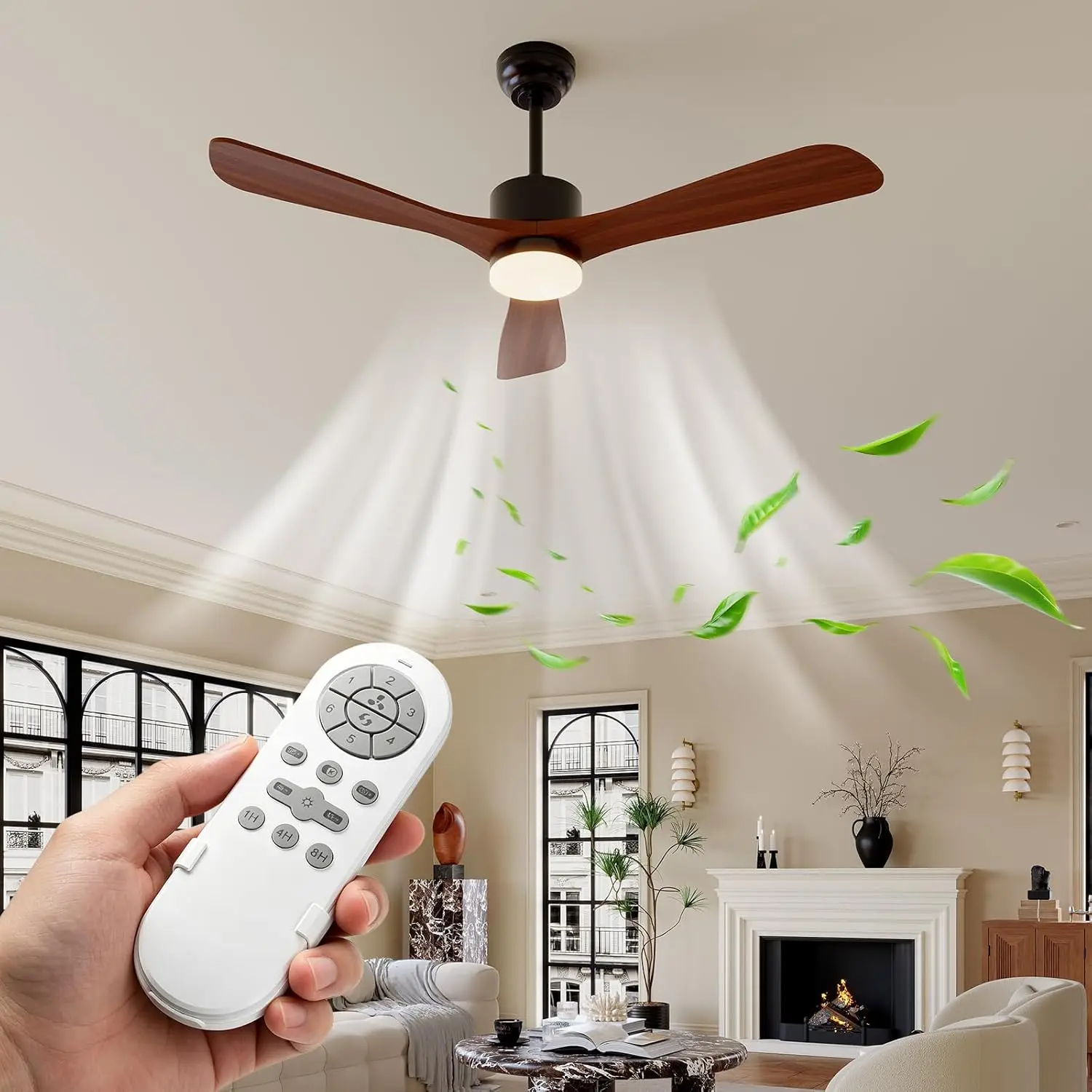 52 Inch Ceiling Fan With Lights And Remote, Solid Wood Blades, Reversible DC Motor, Dimmable LED, 6 Speed For Patio Bedroom