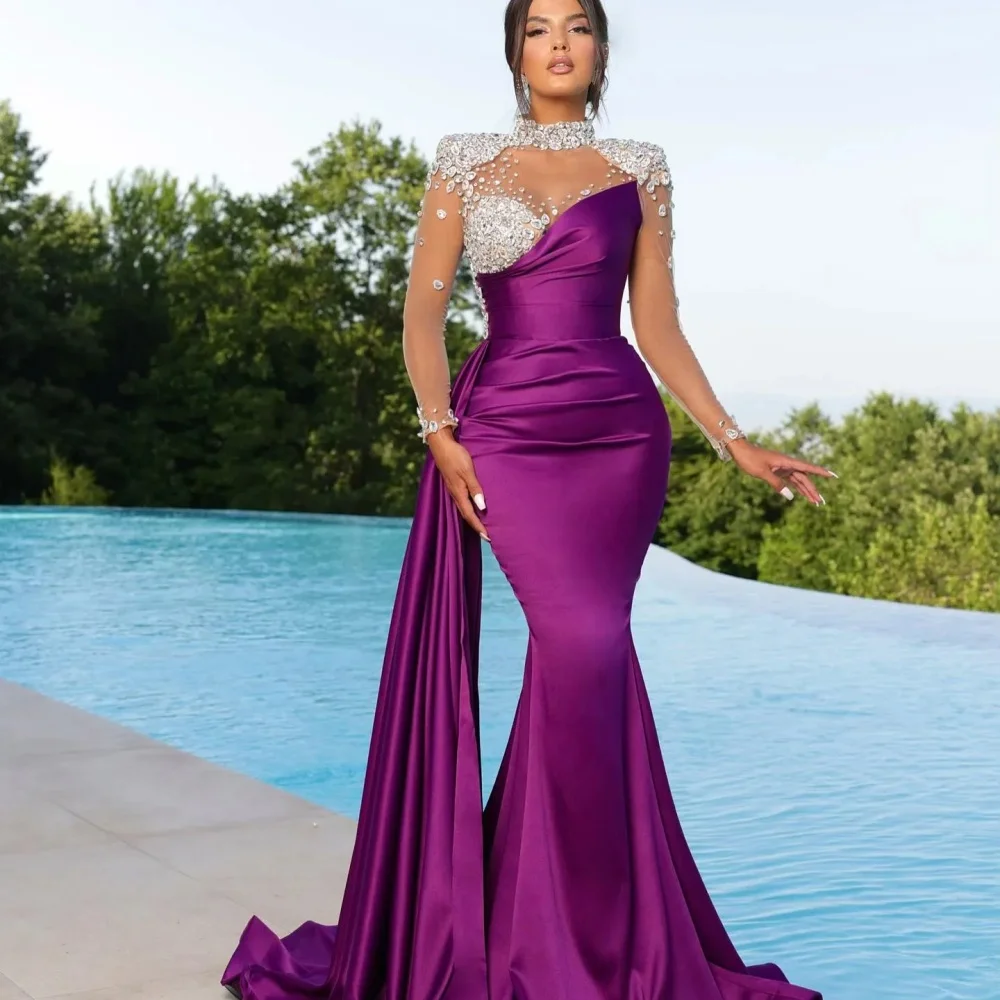 

Elegant Purple Mermaid Evening Gown Beaded Turtle Neck Party Prom Dress Illusion Long Sleeve Maxi Dress for Special Occasions