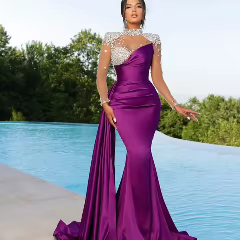 Elegant Purple Mermaid Evening Gown Beaded Turtle Neck Party Prom Dress Illusion Long Sleeve Maxi Dress for Special Occasions