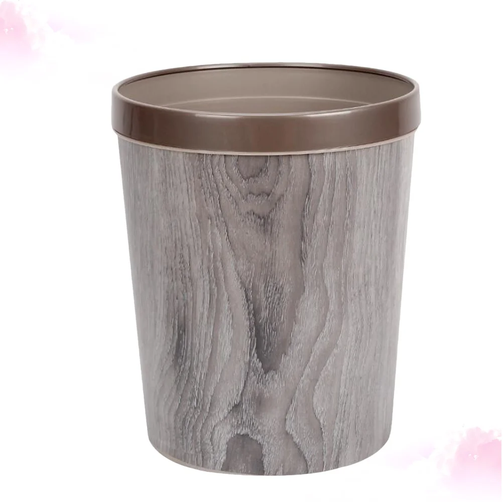 

Garbage Bin Plastic Silver Gray Round Trash Can Organizer Storage Box Imitation Wood Grain for Home Office