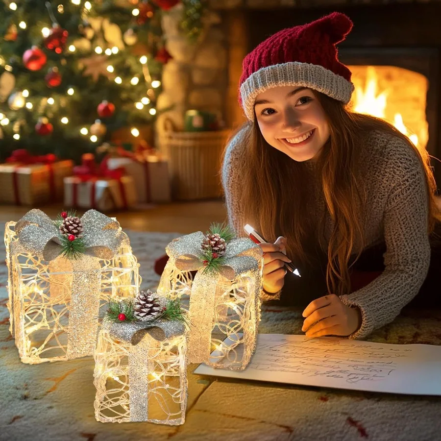 Outdoor Christmas Decorations Set of 3 Christmas Lighted Gift Boxes for Indoor and Outdoor Yard Holiday Party and Home D