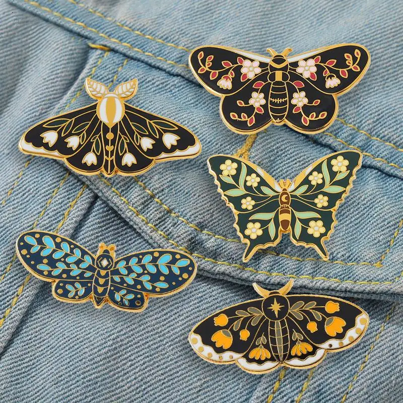 Butterflys Moth Hard Enamel Pins Custom Lily of the Valley Vine Brooches Lapel Badge Black Insect Plant Jewelry Gift for Friends