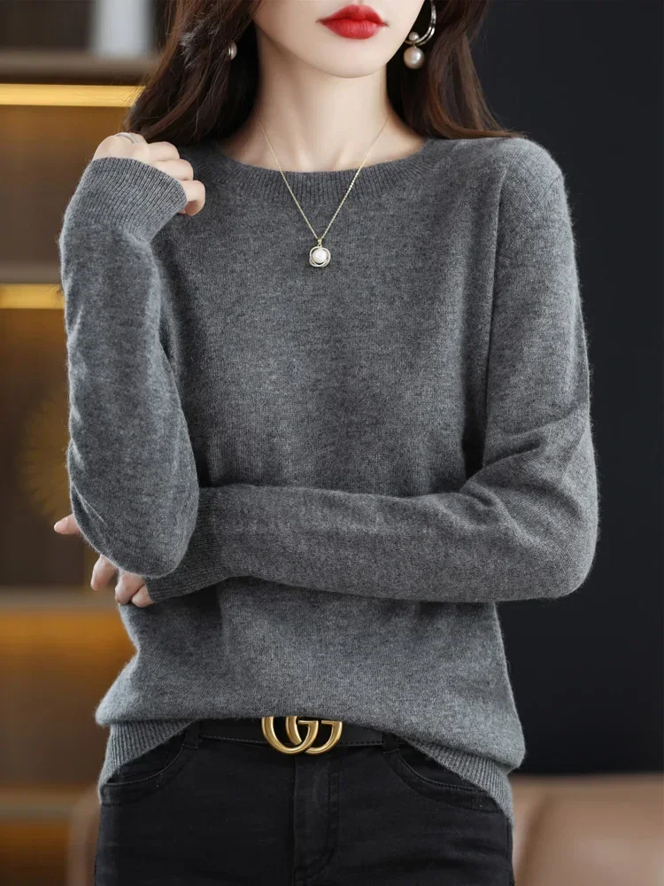 

Fashion 100% Merino Wool Women's Sweater O-Neck Long Sleeve Pullover Spring Autumn Winter Basic Jumper Clothing Knitwear Tops