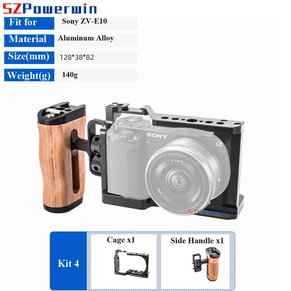 Powerwin For Sony ZV-E10 Camera Cage with wooden Handle Kit Frame Gimbal Aluminum Alloy Arri Locating Screw Protective Rig