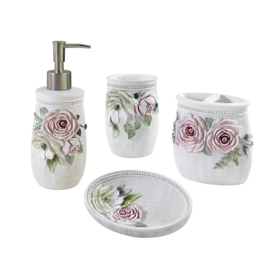 

Spring Garden Collection Resin Tumbler Toothbrush Holder Soap Dish Lotion Pump Set Durable Bath Decor in Pastel Green and White