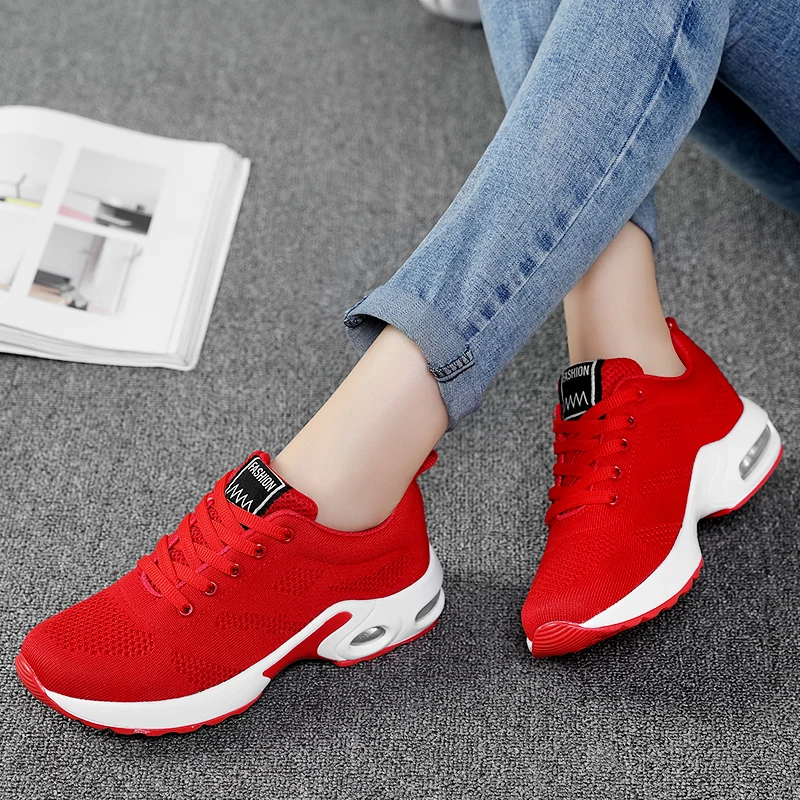 Women Fashion Air Cushion Sport Running Flat Soft Bottom Hollow Sneaker Youth Girl Mesh Breathable Casual Platform Walking Shoes