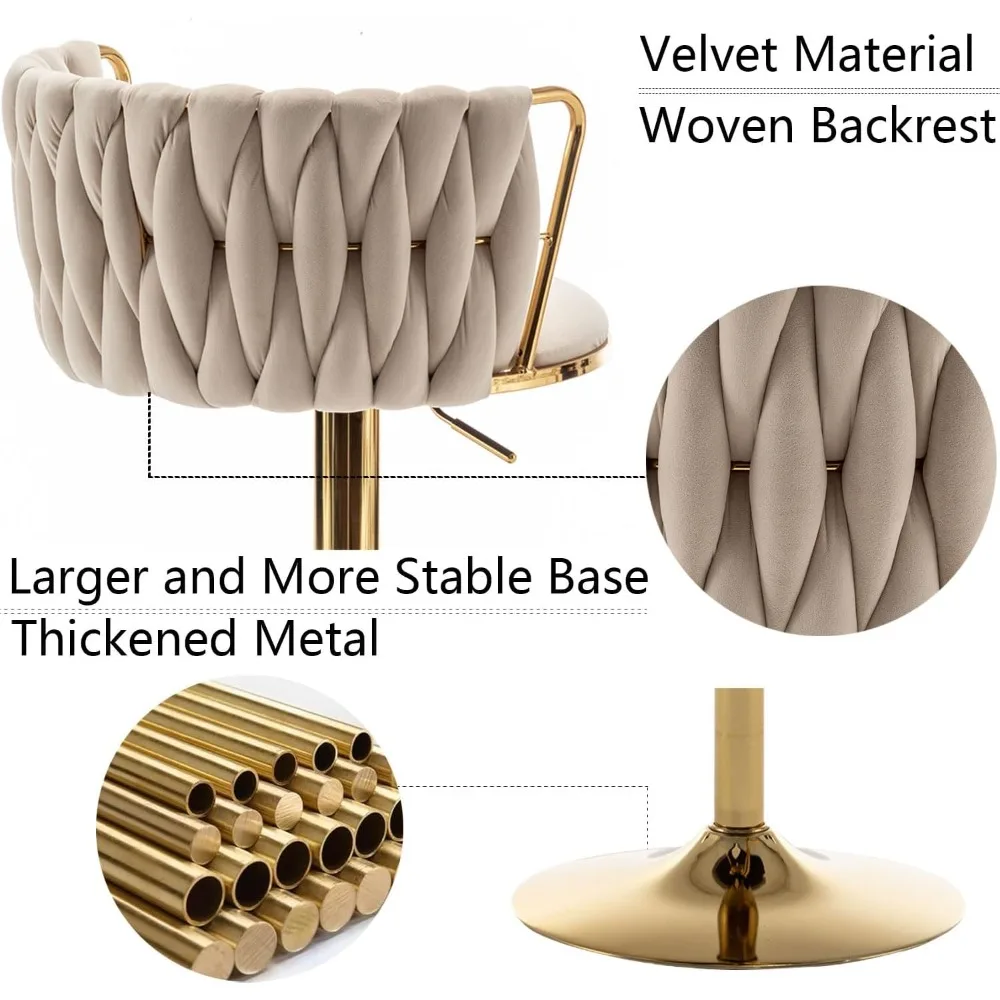 مجموعة مقاعد بار مخملية ذهبية مكونة من 6 قطع، مقاعد بارتفاع دوارة مع مسند ظهر، مقاعد بار منسوجة قابلة للتعديل #3