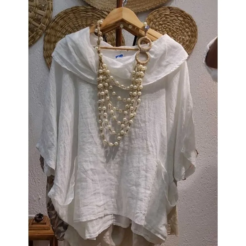 2025 nueva moda para mujer, blusa de gran tamaño con hombros descubiertos, Tops lisos con manga de murciélago, camisa holgada con dobladillo Irregular para vacaciones para mujer