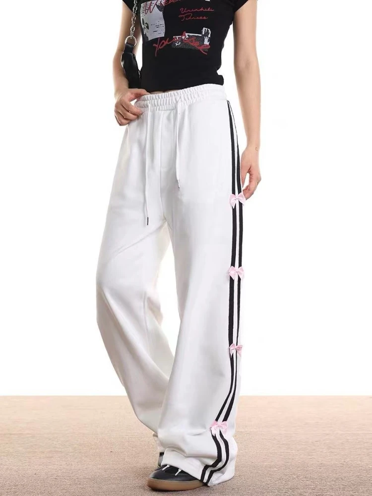 

ADAgirl Oversize White Bow Joggers Women Y2k Hip Hop Fashion Stripe High Waist Wide Leg Sport Pants Streetwear Casual Sweatpants