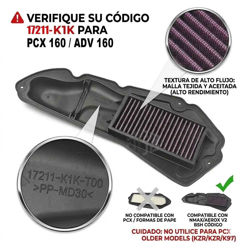 For HONDA ADV160 PCX160 Vario160 Motorcycle Air Filter Assy High Flow Air Filter Element Washable