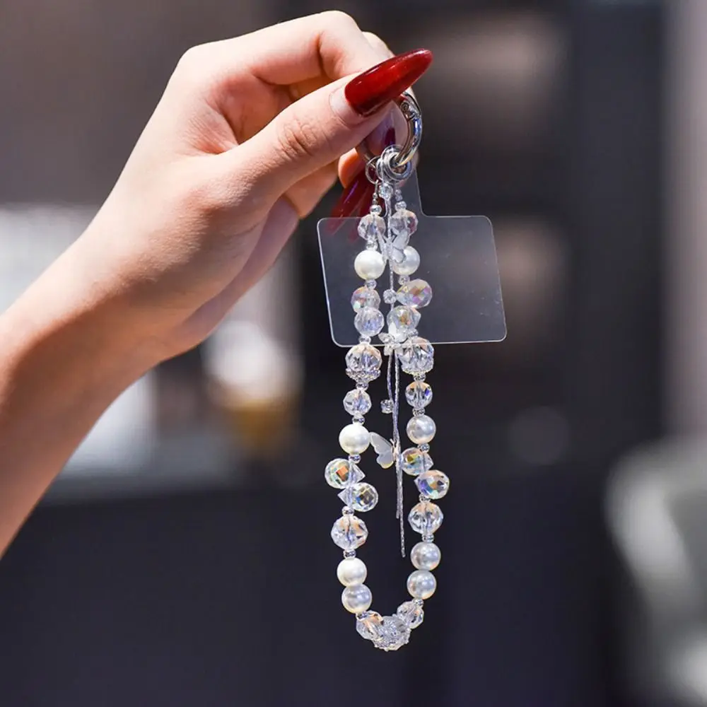 

Жемчужная блестящая цепочка для телефона с кристаллами, короткая кисточка из бисера, ремешок для телефона в виде бабочки, брелок для телефона, ремешок на запястье для женщин и девочек