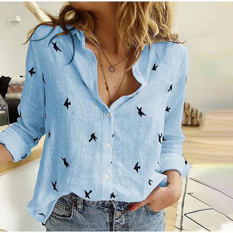Fashion Women's Cotton Print Shirt Women's Long Sleeve Top Office Spring Summer Casual Loose Top Large 5XL