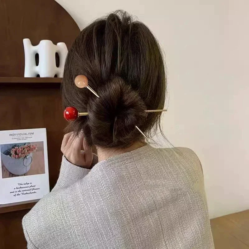 Metal Round Ball Hair Sticks For Women Girl Simple Gold Color Smooth Bead Hair Clips Hair Stick Hair Accessories Jewelry Fashio