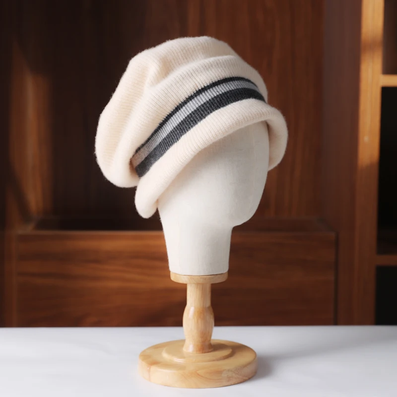 

Autumn And Winter New Warm Contrast Striped Wool Hat Female Ear Protection Face Small Version Loose Cashmere Pile Hat