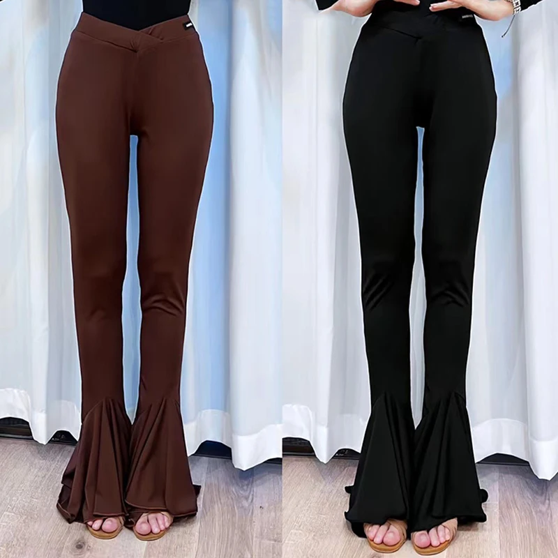 New Latin Dance Pants Women Flared Trousers Black Ballroom Dance Practice Clothes Cha Cha Rumba Tap Dance Training Wear DNV18680