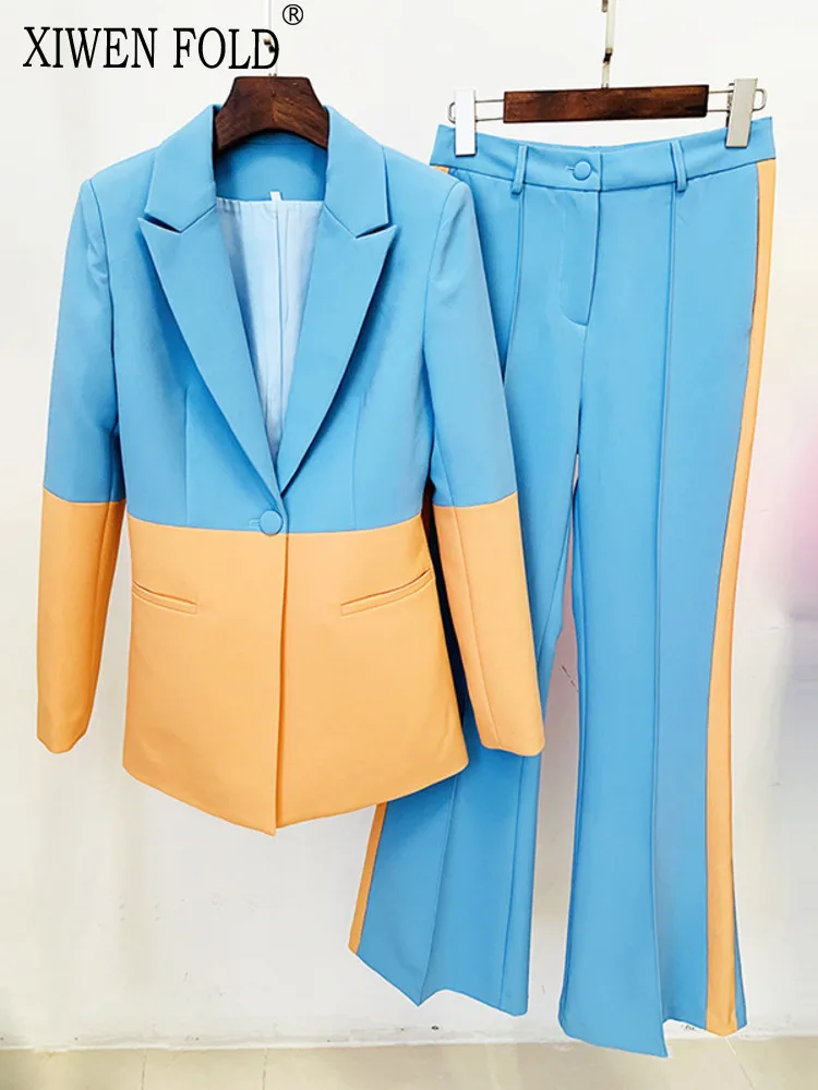 XIWEN Notched Collar Single Button Contrast Color Blazer High Waist Wide Leg Pants 2 Pieces Sets For Women 2025 New Suit XF3560