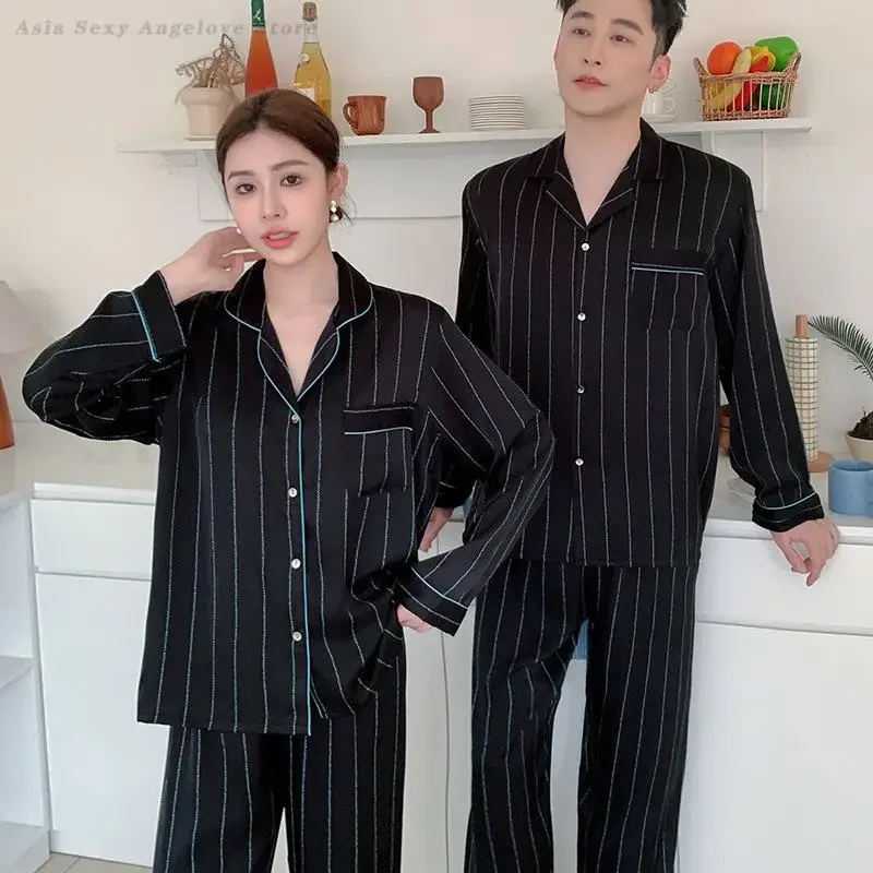 

Spring Autumn Silk Satin 2PCS Pajamas Set Fashion Couple Sleepwear Long Sleeved Stripes Top&trouser Suits Pyjama Loose Homewear