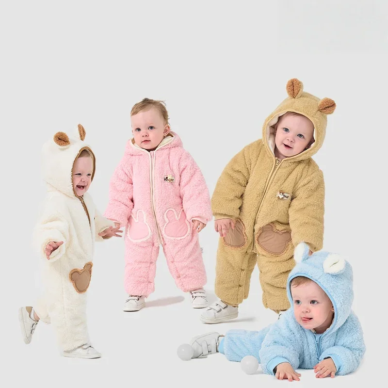

Baby Girls Boys Fleece Lined Hooded Jumpsuit with Animal Ears 0 - 5Y Baby Newborn Items Cute Bear Ear Onesie Warm Winter Romper