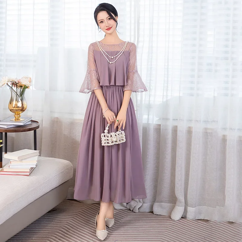 

Long ball dress slimming party host chiffon dress with flared mid sleeved dress