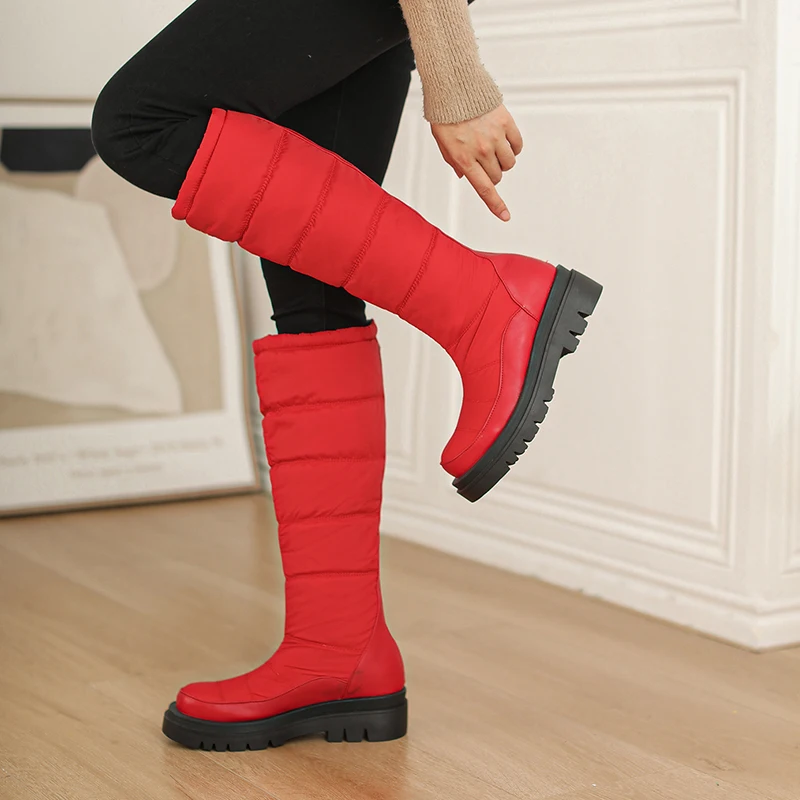 

2026 Thick-Heeled Down Fabric Warm Snow Boots Waterproof Platform Blue Casual Knee-Length Boots Red Winter Ladies Shoes
