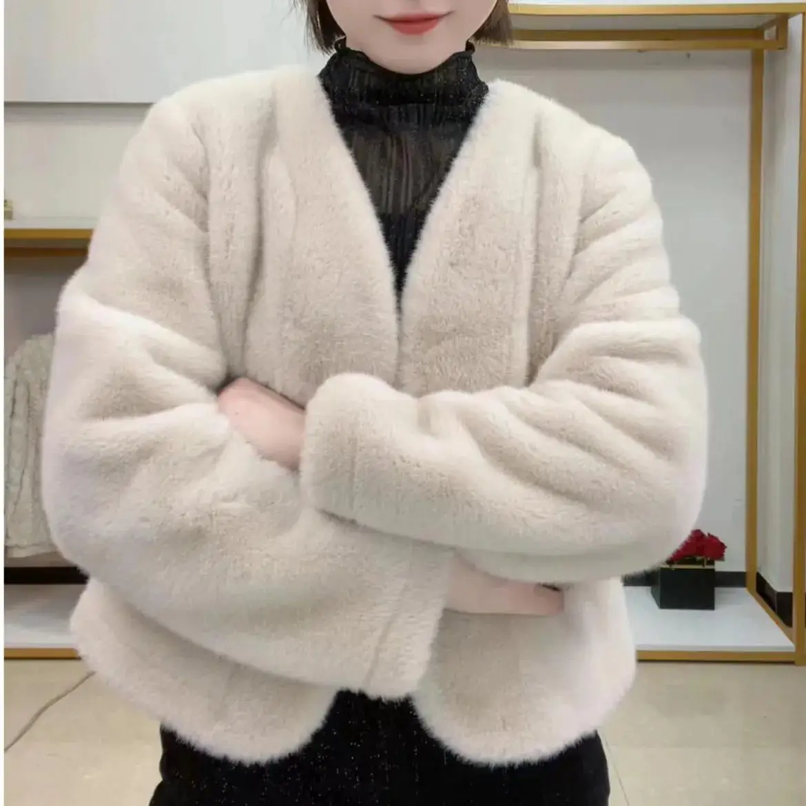 Eco-Friendly Short Fur Jacket Women's V-Neck Padded Coat Winter Warm Plush Outerwear Commute Style Button Splice Design