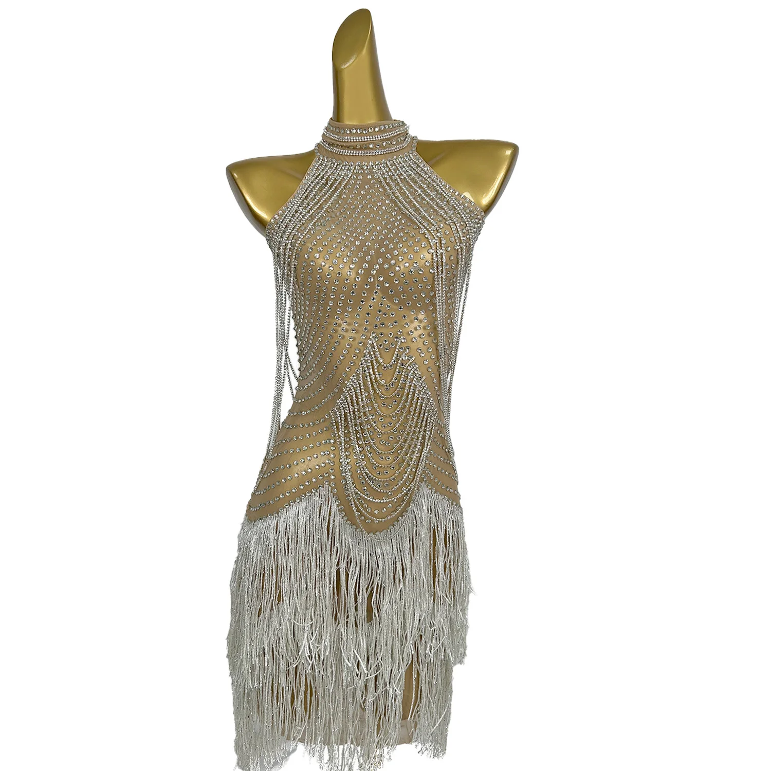 ชุดมินิเดรสตาข่ายซีทรูประดับพู่และคริสตัลวิบวับ สำหรับงานแสดงโชว์ ปาร์ตี้ไนต์คลับ การแสดงบนเวที ชุดเต้นเซ็กซี่ Wanyueliusu