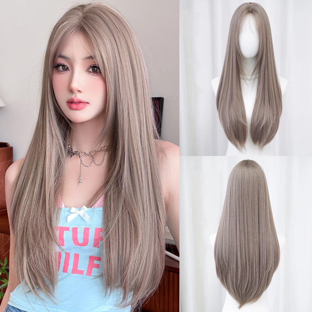 7JHH WIGS Lange, gerade, lila-braune Perücke für Damen, synthetische, hitzebeständige, modische Perücken mit Mittelteil zum sofortigen Tragen