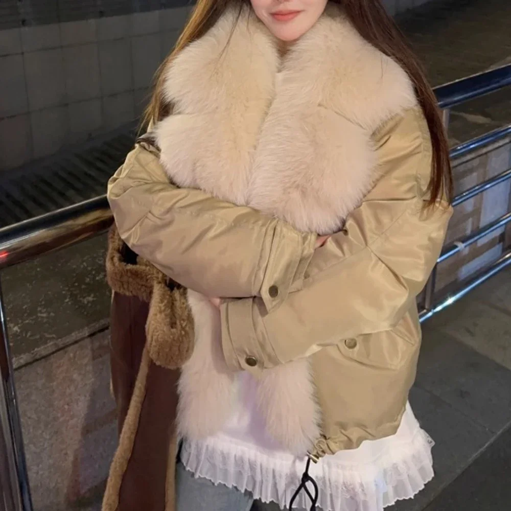 OFTBUY белое пальто на гусином пуху, женская осенняя куртка из натурального меха, зимняя куртка с воротником из лисьего меха, роскошная верхняя одежда, свободная женская куртка-пуховик