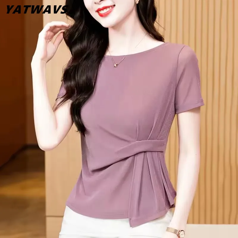 

Summer New Fashion O-Neck Short Sleeved Mesh Tops Fashion Casual Color Ruffles Women's T-Shirt Female Slim Elastic Tees Blusas