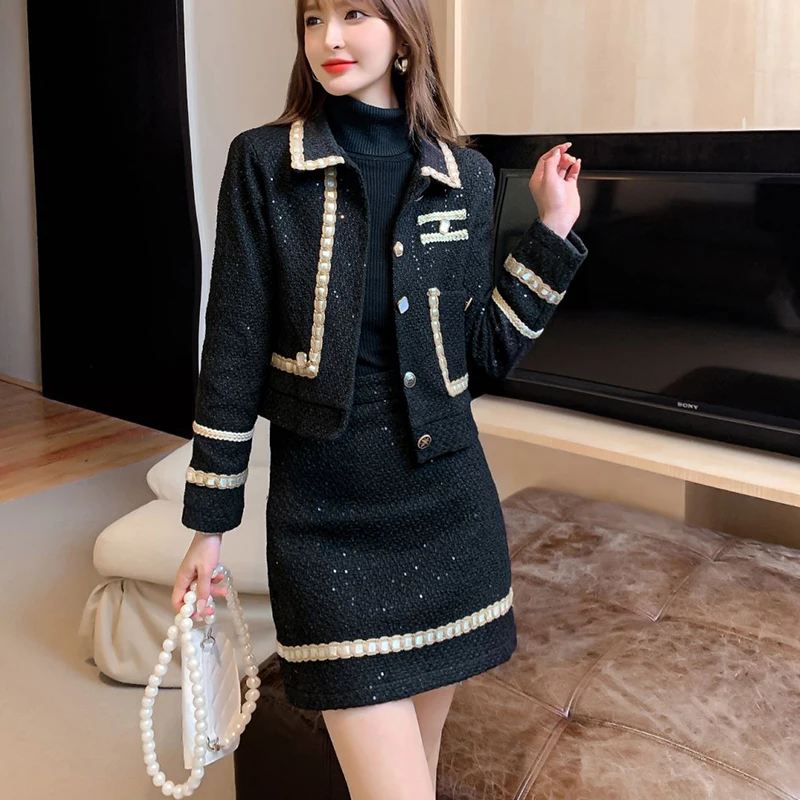 Elegante conjunto de 2 peças saia feminina, lapela casaco pequeno, jaquetas, mini-saia, casual feminina Office, moda coreana, primavera, outono
