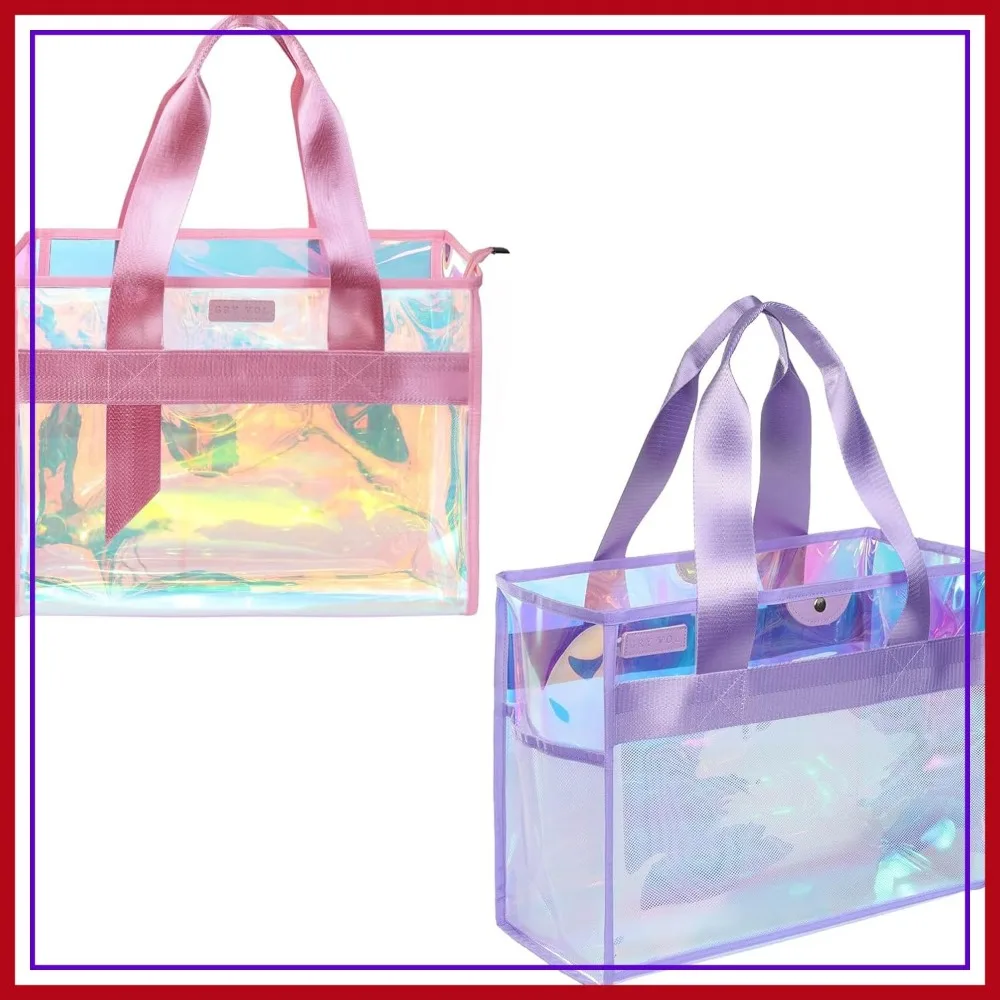 

2-Piece 26L Beach Bags for Women, Purple Tote & Pink Clear Tote, Large Waterproof Bags for Summer Travel