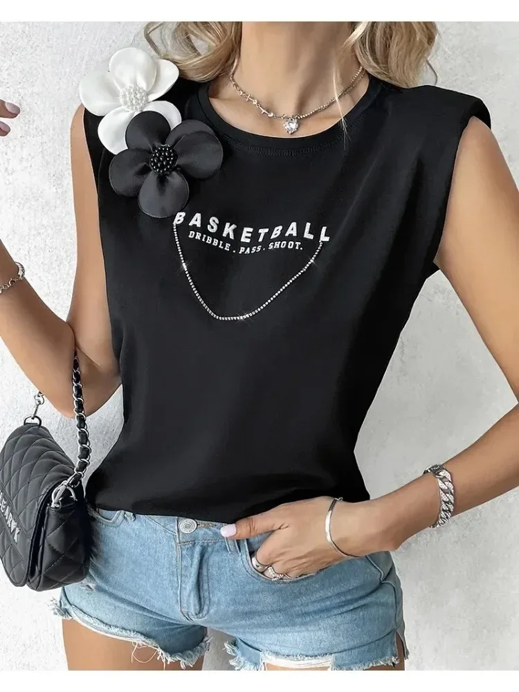 Women's Top Floral Pattern Basketball Dribble Pass Shoot Print Tank Top 2025 Spring/summer Latest Round Neck Sleeveless Vest