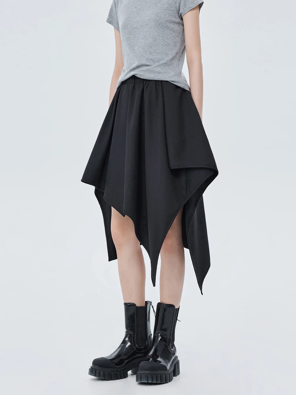 

High Waist Bla Asymmetrical Hem Elastic Waist Midi Skirt Faionable Ci Commute Youthful Polyester Blend Skirt