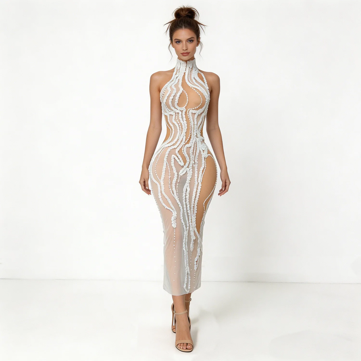 

2026 Women Halter Backless White Sheer Mesh Mermaid Dress Beaded Pearl Lace Applique Evening Prom Wedding Party Birthday