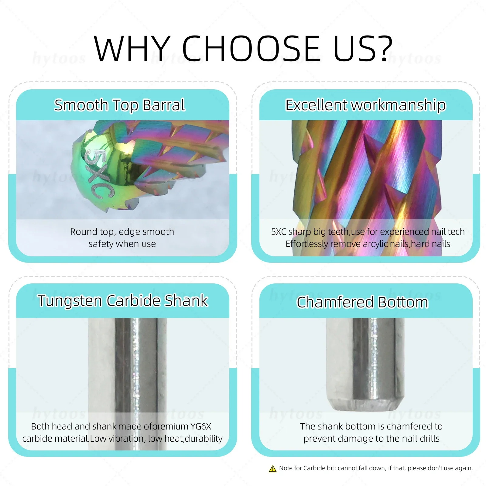 HYTOOS Sicurezza 5XC Punte da trapano per unghie in metallo duro Rivestimento TaC Punta a canna superiore liscia per rimozione gel spesso e acrilico Strumenti per manicure professionali