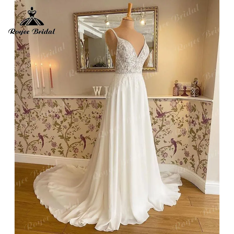 Trouwjurk Boho EINE Linie Hochzeit Kleid mit V-ausschnitt Spitze Chiffon Spaghetti-trägern Sweep Zug Brautkleid robe de soirée de mariage