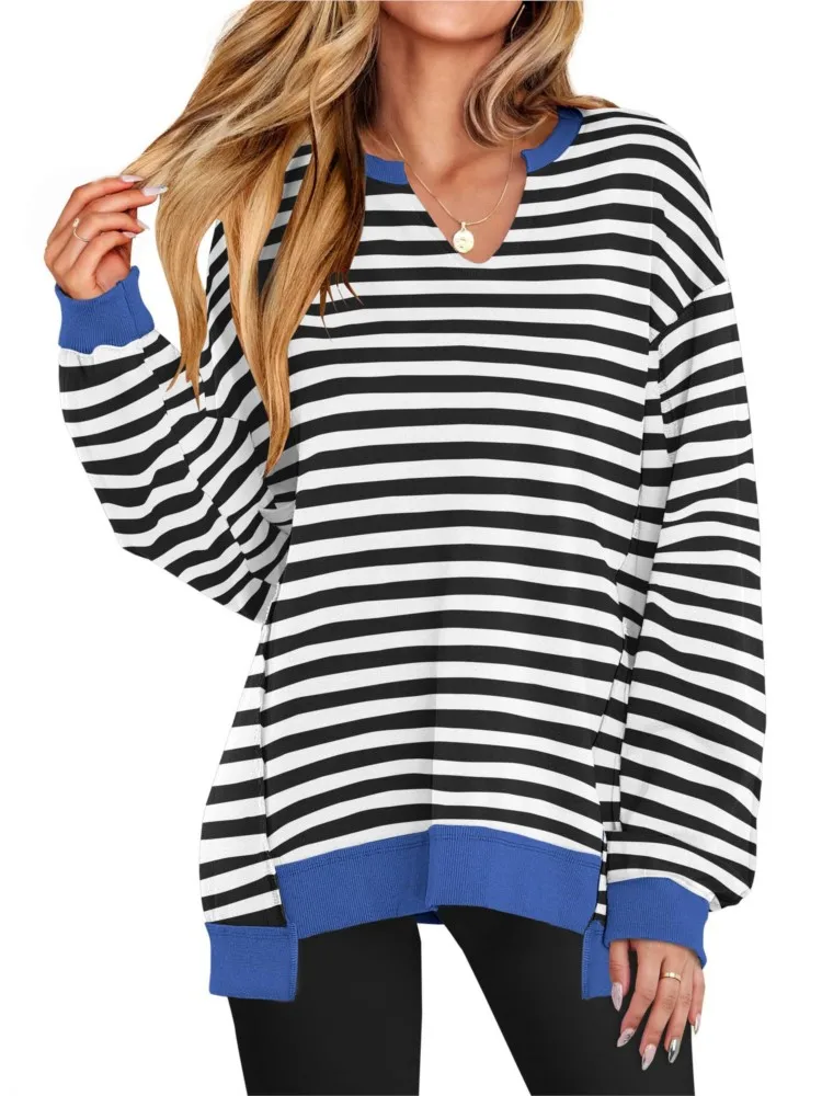 

2025 Autumn Winter Casual New Color Striped V-neck Loose Hoodie Sweatshirt Women's Pullover Long Sleeved Patchwork Elements