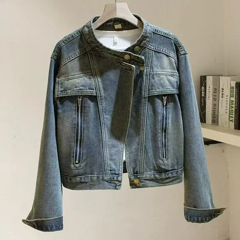 

stand-up collar trendy design denim jacket women's 2026 autumn versatile loose fashion jacket top