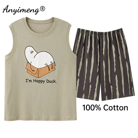 Pijamas 여성 100% 코튼 카와이 란제리 Loungewear 여름 반바지 카와이 오리 인쇄 학생용 민소매 패션 잠옷
