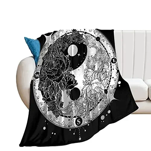 Yin Yang Throw Blanket Abstract Graphic Design Yin Yang Circle Black and White Dots Pattern Cosmos and Energy Flannel for Couch