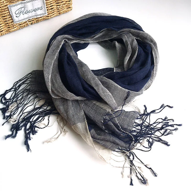 Large Size Summer Pure Linen Scarf Striped Beach Sunscreen Linen Scarf Autumn And Winter Warm Big Tassel Navy Blue Scarves