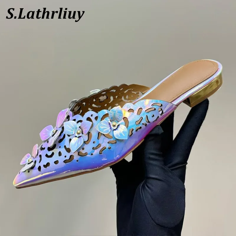 Fashion Pointed Toe Flower Decor Half Slippers Women Genuine Leather Hallow Outs Flat Sandals Summer Outdoor Lazy Mules Shoes