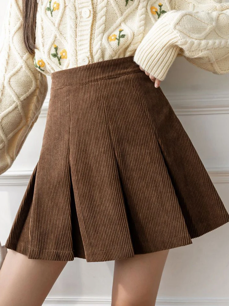 เกาหลี Retro Corduroy จีบกระโปรงผู้หญิงสูงเอวกระโปรงมินิเซ็กซี่ฤดูใบไม้ร่วงฤดูหนาว Preppy สไตล์หญิงหวาน Elegant กระโปรงสาย