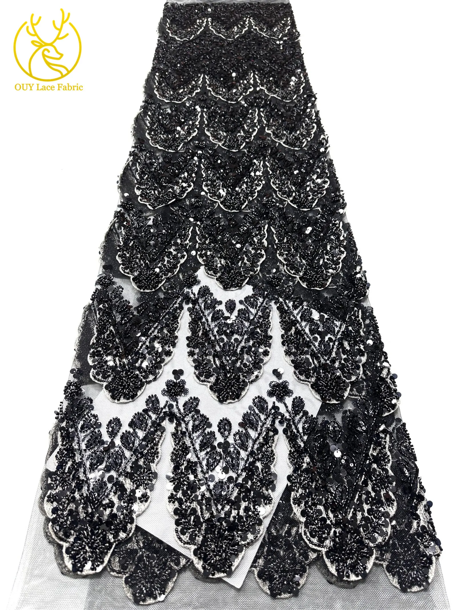 Hochwertiger luxuriöser französischer 3D-handbestickter Perlen-Spitzenstoff, 5 Yards, afrikanischer nigerianischer Pailletten-Spitzenstoff für Braut- und Partykleider – Detail 29