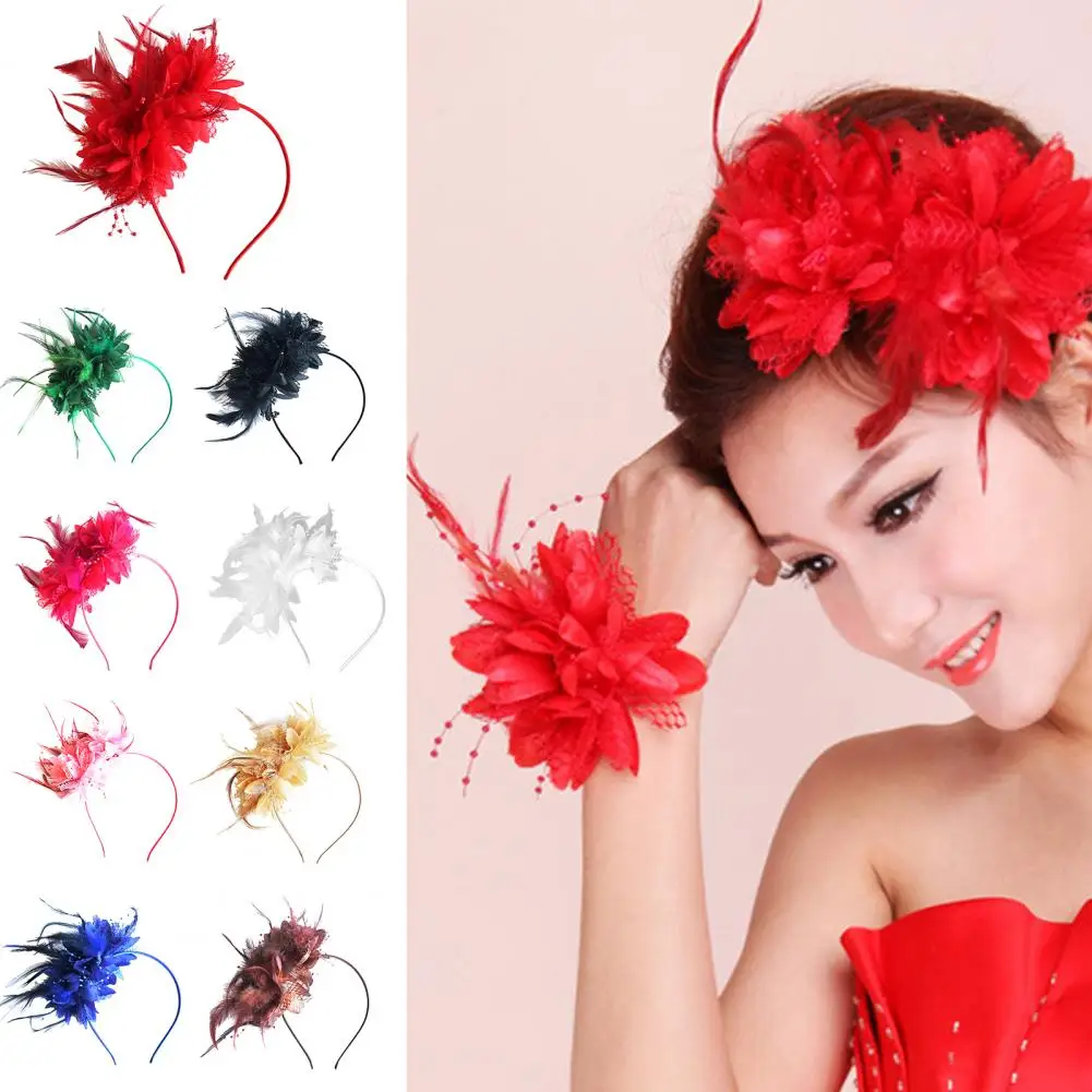 Vintage Feather Headband Elegant Cloth Flower Women Hair Loop Band Bridal Hair Accessories Wedding Party Hairstyle Decor Headwea