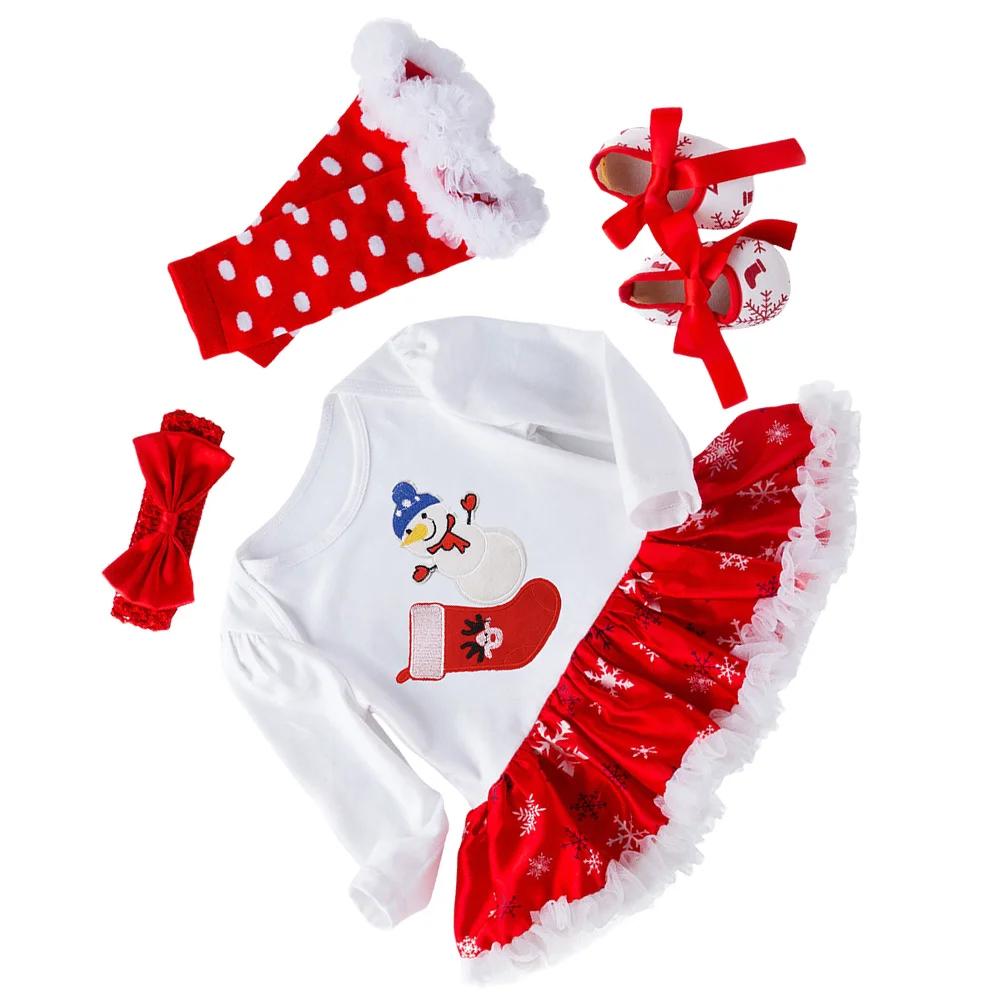 

1 set 1 Set Snowman Jumpsuit Dress Baby Girl Long Sleeve Christmas Outfit Set With Headband Shoes Leg Warmers Cotton Clothing