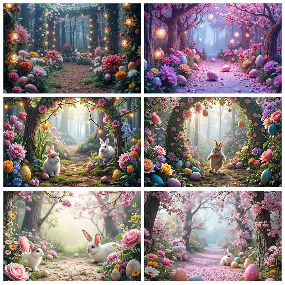 

MOON.QG Fairy Spring Easter Decoration Photography Background Forest Colored Eggs Flower Photocall Backdrop Baby Studio Supplies