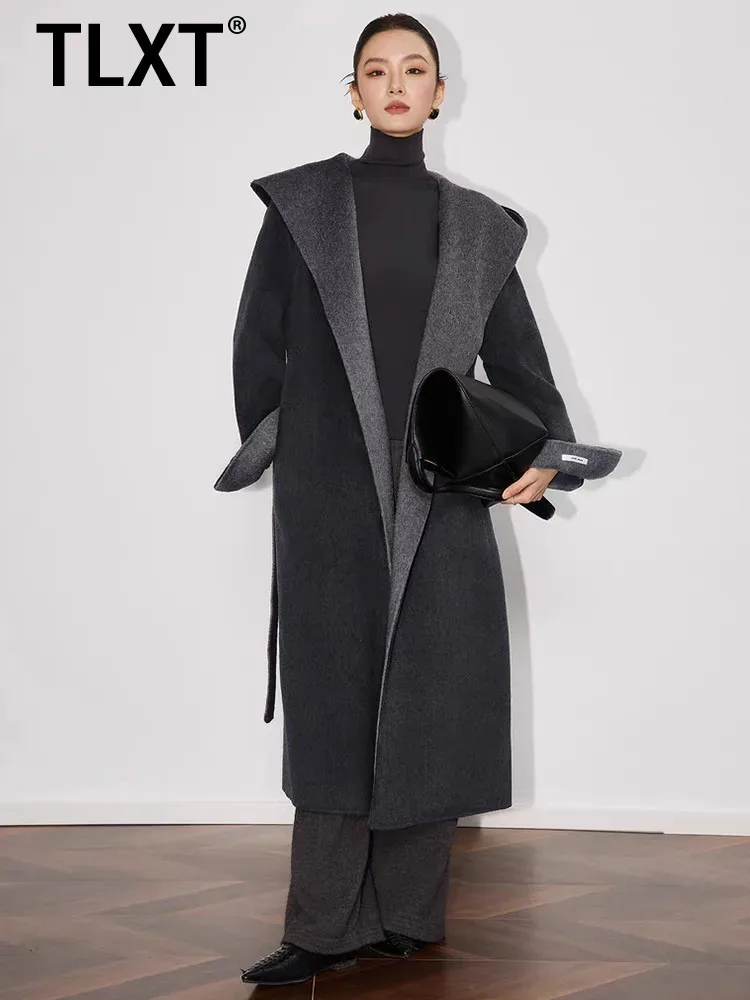 

TLXT модное женское двустороннее пальто с капюшоном и свободными поясами, плотное пальто с длинными рукавами, новинка зимы 2024, XK1503