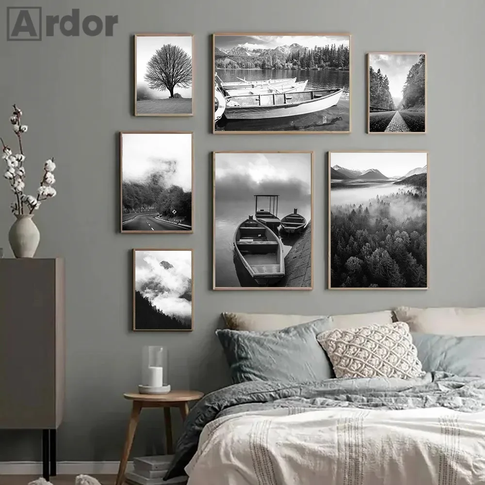 Black And White Lake Boat Tree Painting Fog Forest Mountain Canvas Art Poster Natural Landscape Print Wall Pictures Home Deco